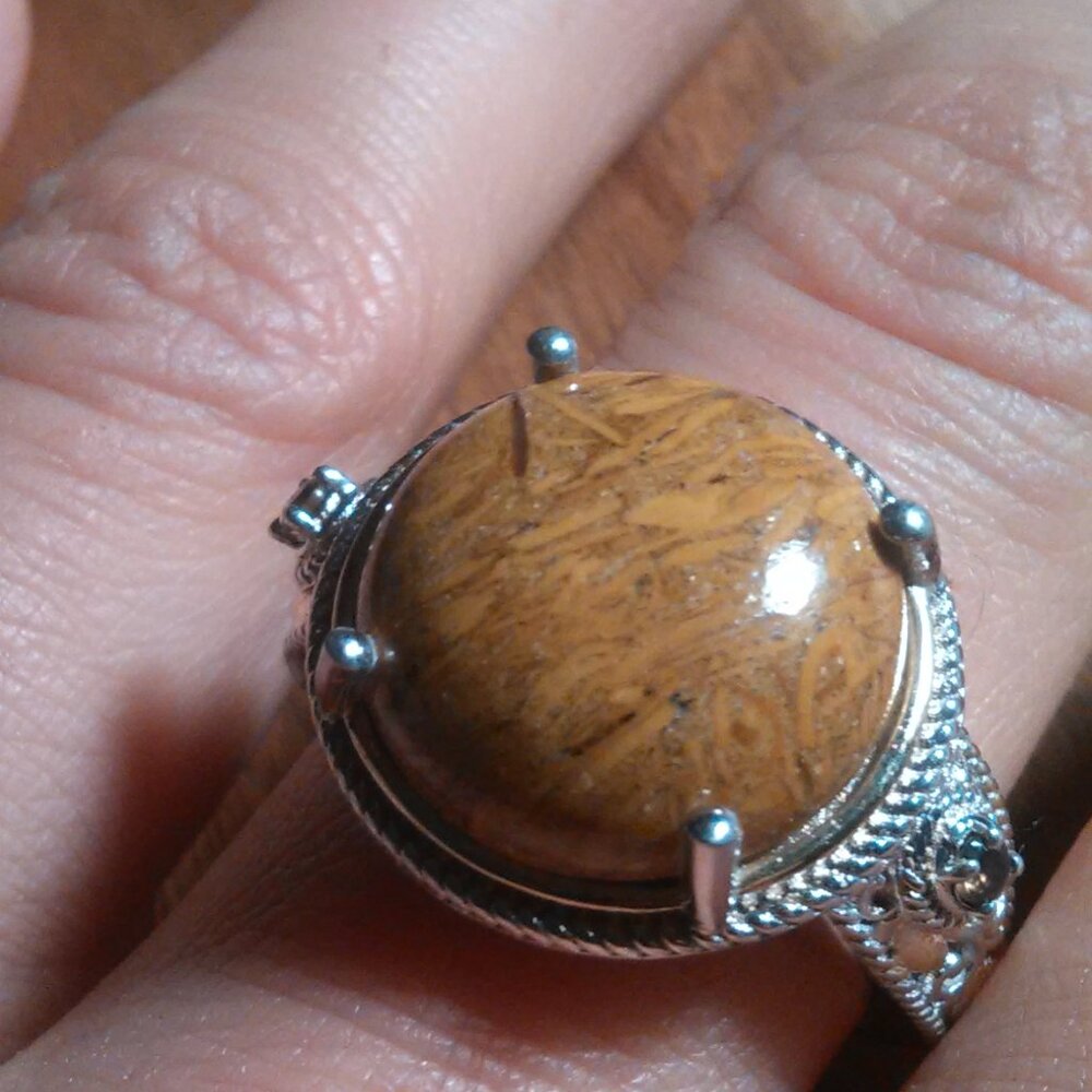 Script Stone and Brazilian Smokey Quartz Solitaire Copper Ring (Size 9)